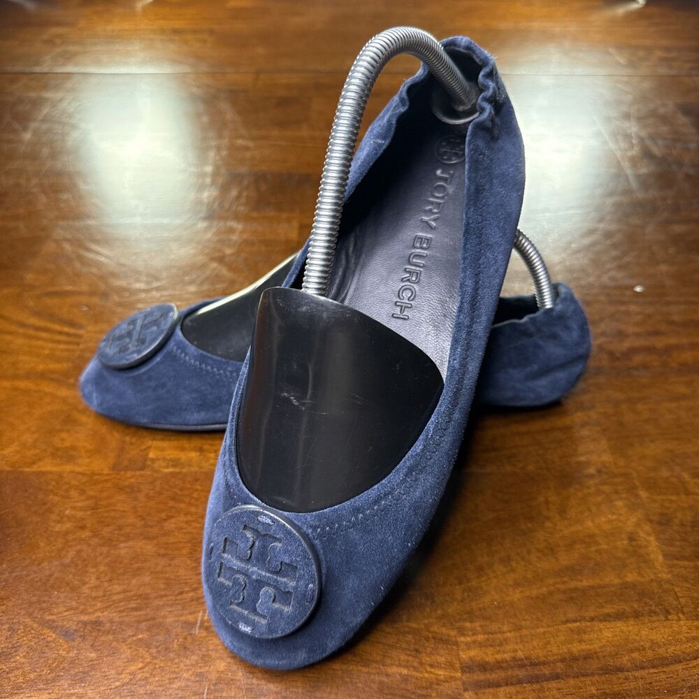 Tory Burch Minnie Travel Ballet Flats Navy Blue Suede Leather Logo Shoes Women 9